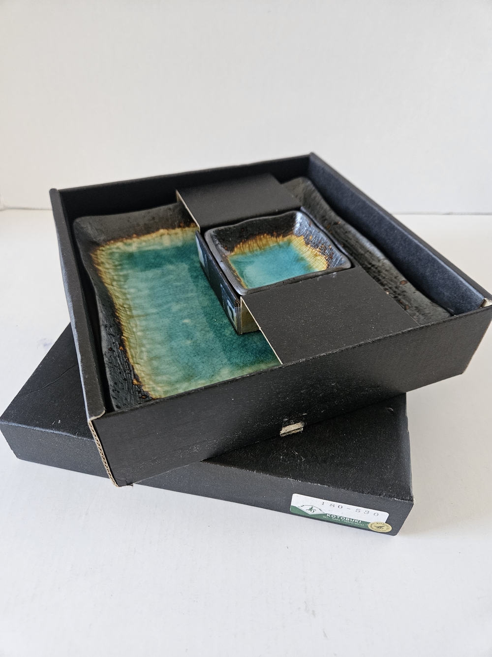 Japanese Ceramic Serving Tray & Dip Bowl Set in Teal and Brown